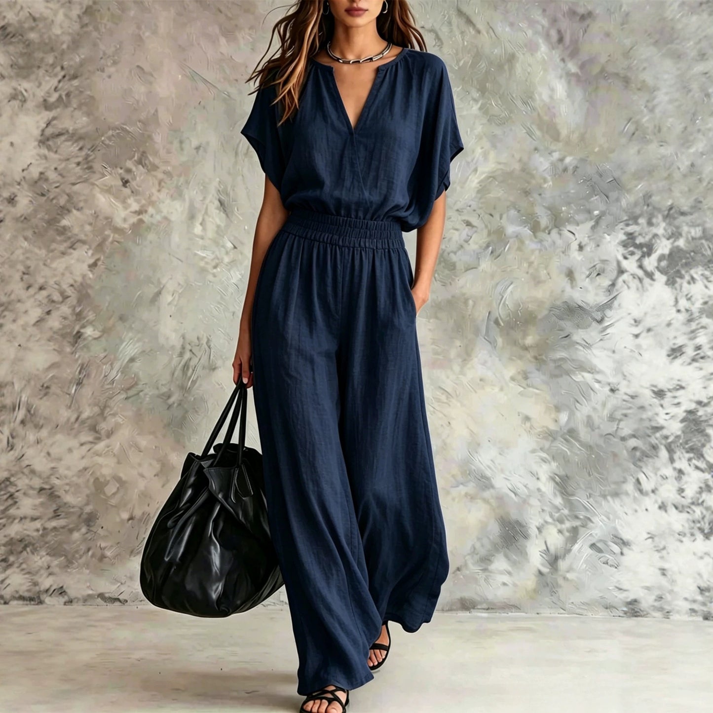 Completo Donna Elegante in Lino – Blusa e Pantaloni Palazzo