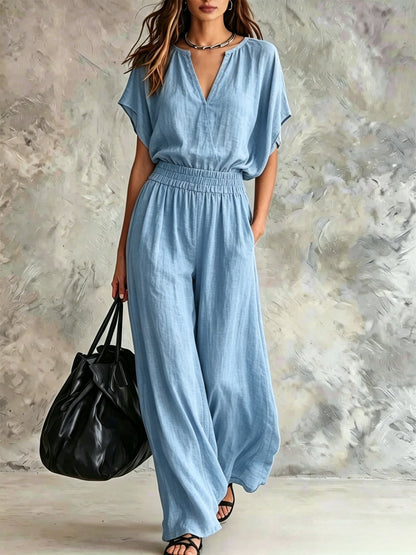 Completo Donna Elegante in Lino – Blusa e Pantaloni Palazzo