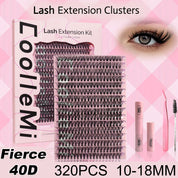320PCS DIY Lash Kit Fierce 40D | D Curl Dense Manga Clusters 10-18mm | Ultra-Thin Band Individual Cluster Lashes with Bond Seal | Comfortable Home Self-Application Set